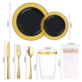 BAYZZ 350 Piece Black and Gold Dinnerware Set for 50 Guests - Lace Design Plastic Plates, Silverware, Cups, Napkins for Party