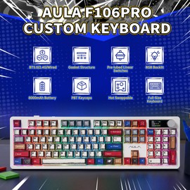 AULA F106 PRO Mechanical Keyboard,Full Size Gaming Keyboard with Hot Swappable Knob & Screen,Tri-Mode RGB Backlit with 8000mAh for PC/Laptop/Windows - Blaze Switch,Comic Mix