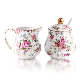 Agyiuns Ceramic Sugar and Creamer Set, 3 Piece Set with Cream Pitcher, Sugar Bowl, Sugar Set with Lid and Spoon (White with flower)