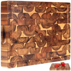 XL Acacia End Grain Wood Cutting Board (20x15x1.5in) Acacia Wooden Cutting Board, Butcher Block, Chopping Board - Reversible Multipurpose For Kitchen with Juice Groove, Cracker Holder & Inner Handles.
