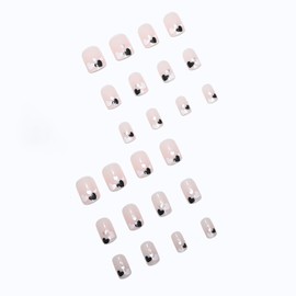 Press on Short Square Nails Glossy Full Cover Acrylic Short Length Square False Nails with Black White Silver Heart Designs Artificial Square Shaped Fake Nails Glue ons Fingernails for Women Girls
