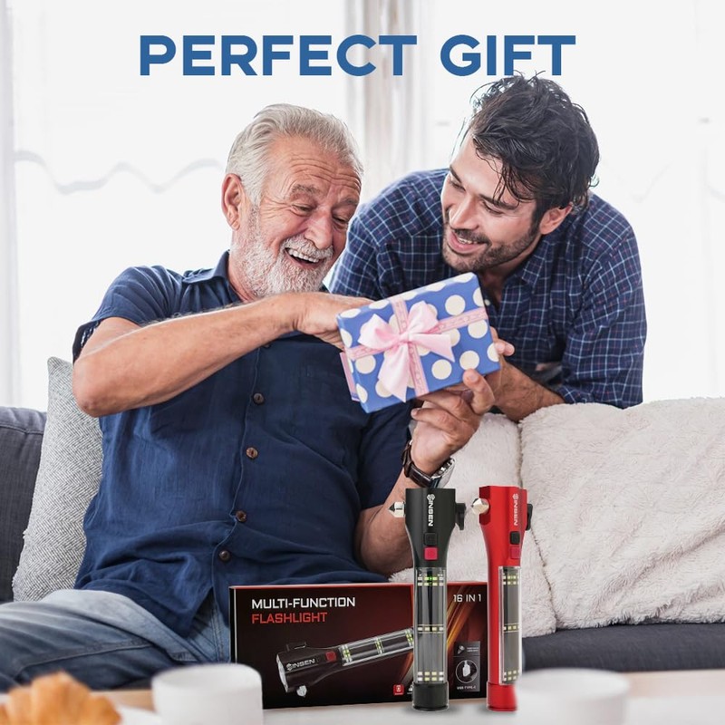 SINSEN Emergency Flashlight for Car, Seatbelt Cutter Window Breaker, 16-in-1