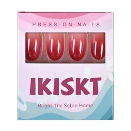 IKISKT Press On Nails - Brownish Red Tips | White Clear Gradient l UV Medium-short Round Shape False Fake Nails, Reusable Summer Glue | 10 Sizes - 24 Nail Kit