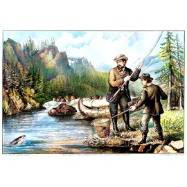 Father Son Salmon River Fishing Fish in Net 1872  2.5 x 3.5" art Fridge Magnet