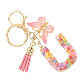 SUIKIHUM Initial Letter Keychains, (10.5cm/4.13" Mini Letter Butterfly KeyChain) Resin Tassel Pendant Car Keychain for Wallet Handbags Backpack, Pink (U)