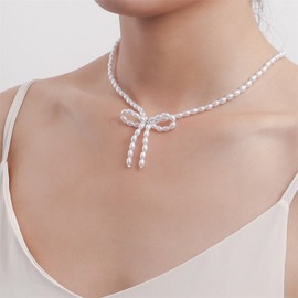 Boho Pearl Bow Choker Necklace Gold Silver Plated Vintage Round Bowknot Ribbon Bow Tie Pearl Beaded Chic Crystal Chain Necklace for Women Wedding Birthday Christmas Party Trendy Jewelry Gifts (Pearl bow necklace)