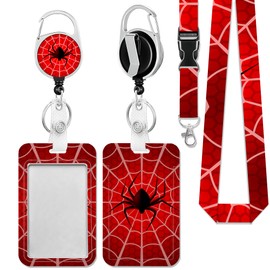 Spider On Spider Web Badge Holder with Lanyard, Funny Badge Reel Retractable Heavy Duty with 360° Swivel Carabiner Clip, ID Badge Holder with Breakaway Lanyard, Teacher Nurse Office Gifts