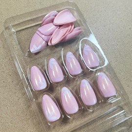 MERVF Medium Press on Nails Almond Fake Nails Press ons Pink Chrome Glue on Nails with Glitter Design Stiletto Floral Acrylic False Nails 30pcs Glossy