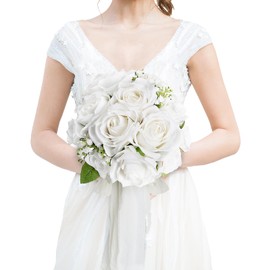 DIYDOFUN Wedding Bouquet for Bride - Premade Simple Artificial Roses Flowers for Bridal Shower Destination Ceremony Anniversary Decorations - White