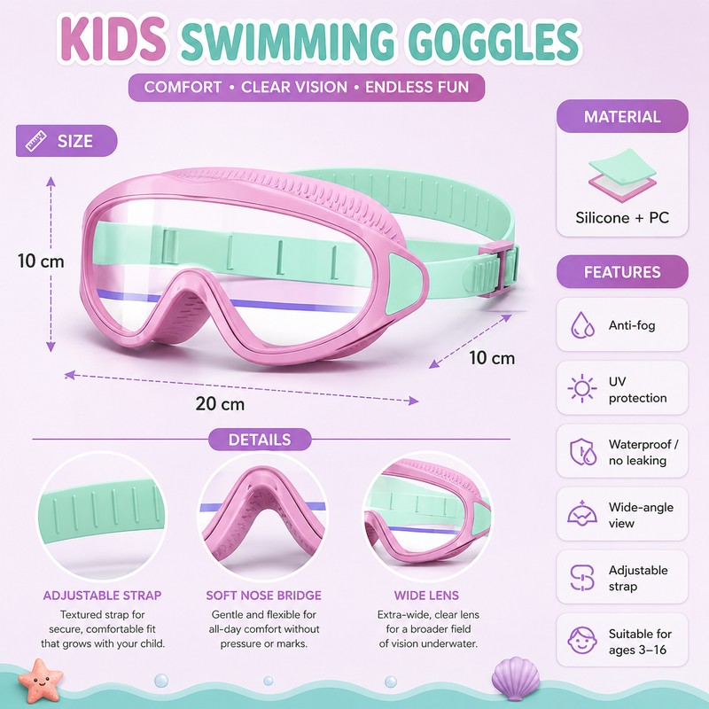 Kids Anti-Fog Swimming Goggles for Pool & Beach – Wide-View