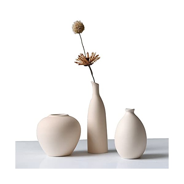 Abbittar Ceramic Vase Set of 3, Small Flower Vases for Rustic Home Decor, Modern Farmhouse Decor, Living Room Decor, Shelf Decor, Table Decor, Bookshelf, Mantel and Entryway Decor - Beige