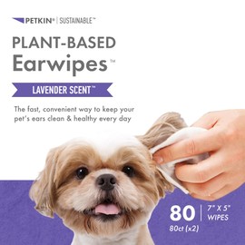 Petkin Plant-Based EarWipes, 80 Wipes, 2 Pack - Biobased & Sustainable Pet Ear Wipes for Dogs & Cats - Cleans Ear Area, Dirt, Odor & Wax - Consciously Cleans & Conditions - Easy to Use - Lavender