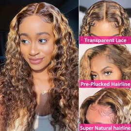 Aveiyce Highlight Ombre HD Transparent 13x4 Lace Front Wigs Human Hair 180% Density Honey Blonde 4/27 Deep Wave Lace Front Wigs for Black Women Frontal Curly Wig Pre Plucked with Baby Hair 26 Inch
