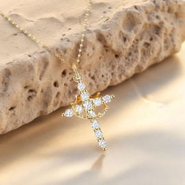 Upgraded Crown Cross Necklace for Mothers Day, Gifts for Mom Women 14K Gold Plated Crown Cross Pendant Necklace Simple Diamond Gold Necklaces Faith Cross Jewelry First Communion Necklace (Gold)