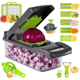 Vegetable Chopper with Container Cheese Grater Mandoline Slicer Cabbage Shredder for Veggie Onion Potato Fruit Food, Includes Egg Separator & Vegetable Peeler, Manual Hand Cooking Gadget for Kitchen