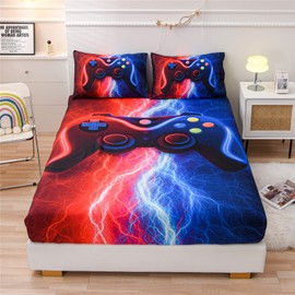 Meeting Story Gamer Gaming Fitted Sheet Set-3pcs Fitted Deep Pocket Sheet Mattress, Tie Dye Lightnings Gamepad Printed Bedding Set Colorful Modern Room Decor(Red-Blue, Twin)