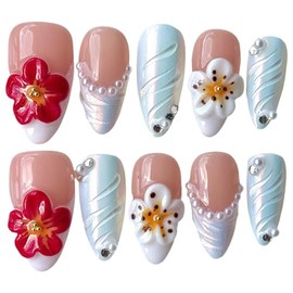 Handmade Press on Nails 3D Floral & Pearls - Medium Almond Fake Nails AuroraI White | Red/White Bloom Duo | Reusable Acrylic French Tip False Nails (Opal Flame, L)