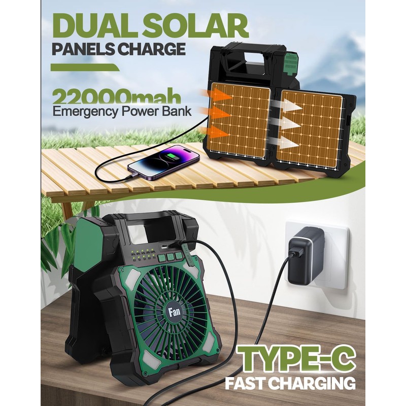 Maraiss 22000mAh Camping Solar Fan, Dual-Panel Rechargeable Solar Powered Fan