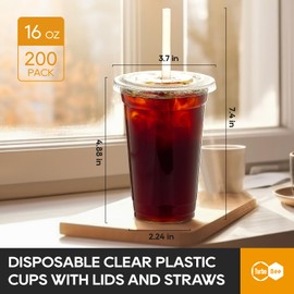 Turbo Bee 200 Sets 16 OZ Clear Plastic Cups with Lids and Straws, Disposable To Go Iced coffee cups with lids for Cold Drinks, Smoothie, and Slushie