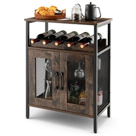 LOKO Wine Bar Cabinet, Industrial Liquor Cabinet with Detachable Wine Rack, Wine Cabinet with Glass Holder, Coffee Bar Cabinet with Metal Mesh Doors, Small Buffet Sideboard for Kitchen or Living Room
