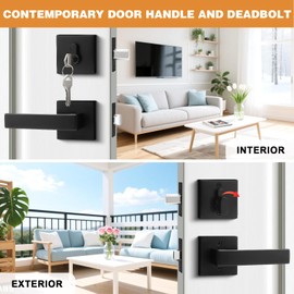 Probrico 2Pack Matte Black Exterior Door Handle with Single Cylinder Deadbolt,Passage Door Lever and Deadbolt Lock Set for Front Door,Keyed Alike