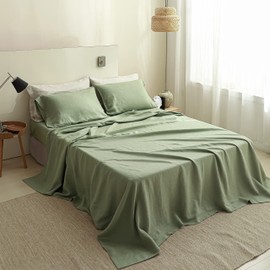 Simple&Opulence 100% Stone Washed French Linen Solid Flat/Top Sheet 1 Piece,Cooling,Breathable and Soft(Basic Sage Green, King)