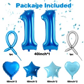 Blue Number 11 Balloons, 40inch Dark Blue Number 11 Balloons, 11 Number Balloons Set, Bule Foil Star Heart Balloons With Long Balloons For Boys 11th Birthday Party 1st Kids Baby Shower Decorations
