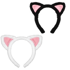 Qianyu 2 Pack Cat Ears Headbands Soft Cute Ear Hair Hoop Hairbands for Adults Kids Girls Women Makeup Shower Yoga Cosplay Photo Props Birthday Costume Party Christmas Decoration Headpiece(Black,White)