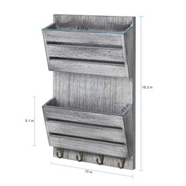 Mail Sorter Wall Mounted, Wooden Mail Holder with 4 Key Hooks, 2 Slot Letter Bills Newspaper Magazine Organizer for Entryroom Hallway Office Garage, Gray White