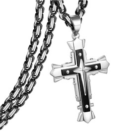 GOVENUS Stainless Steel Large Jesus Christ Cross Pendant Necklace Religious Jewelry For Men,On 24"+2" Inch Byzantine Chain,Black