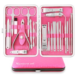 Manicure Set Professional Nail Clippers Kit Pedicure Care Tools 23pcs Stainless Steel Grooming Tools with Black PU Leather Case for Travel or Home (Pink/Silver)