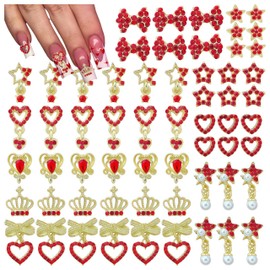 60PCS Nail Charms and Gems Red Rhinestones for Nails Design，3D Heart Star Crown Bow Y2k Nail Jewels Bulk Nail Art Decor Set