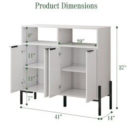 White Buffet Cabinet with Storage, Fluted Storage Cabinet with Doors & Adjustable Shelves, Solid Wood TV Stand Credenza for Kitchen Dining Room, 41"L x 14"D x 37"H Easy Assembly Kitchen Sideboard