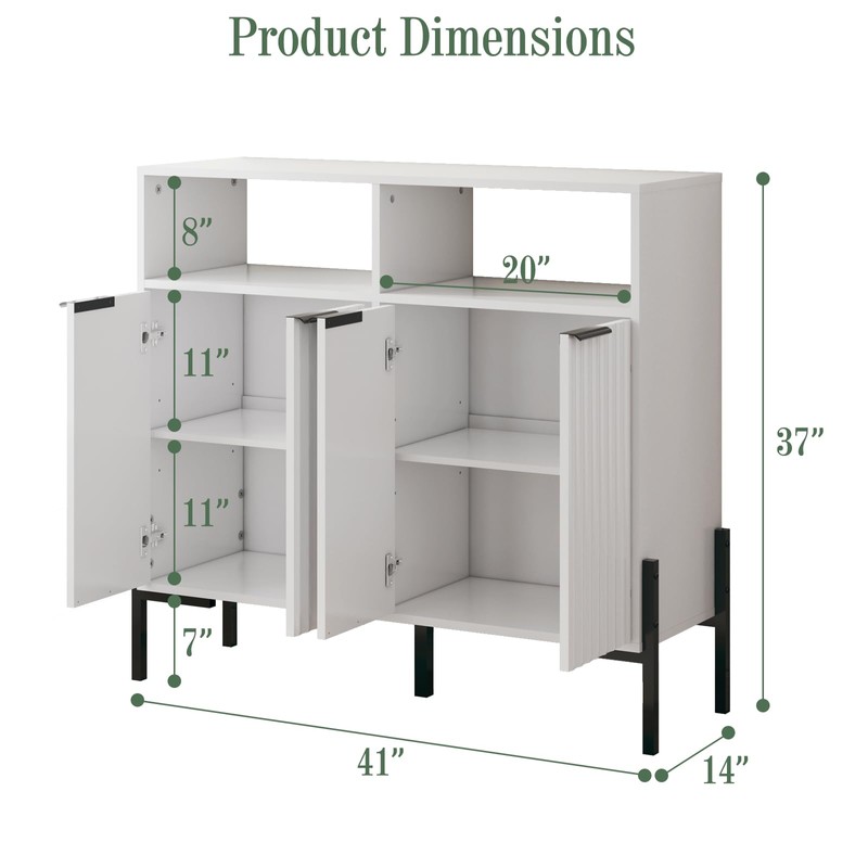 White Buffet Cabinet with Storage, Fluted Storage Cabinet with Doors