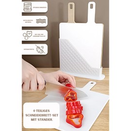 IDOBY Plastic Chopping Board Set of 3 with Stand, Three Kitchen Boards Dishwasher Safe, Snack Board Set Kitchen with Marking, Hygienic Kitchen Accessories (Beige Vertical)