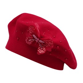 ZLYC Women French Beret hat Reversible Solid Color Floral Warm Knitted Beret Cap, Butterfly Red
