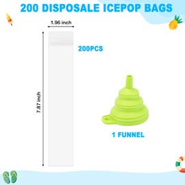 200 Disposable Popsicle Mold Bags, Double Zip Seals, BPA-Free, Thicken, 1 Silicone Funnel, Freezer Pop Bags for DIY Ice Pop, Yogurt Tubes, Fruit Popsicle, Freeze Molds (White)