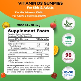 SHIFAA NUTRITION Vegetarian Vitamin D3 Gummies for Adults & Kids | 45-90 Servings, 2,000IU / 1,000IU | Non-GMO, Gluten-Free, Gelatin-Free | Supports Bones, Muscles & Immune System Halal Vitamins