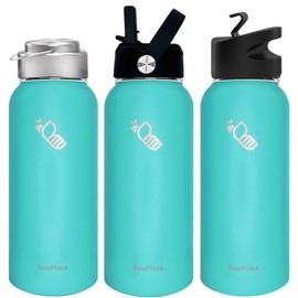 Bee Flask - Sports Water Bottle - 32 Oz, Includes 50 Cute Flask Stickers, 3 Lids (With straw), Vacuum Insulated, 308 Stainless Steel | Turquoise