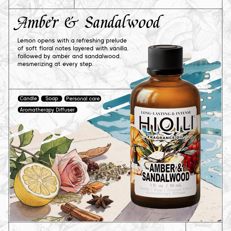 HIQILI Amber & Sandalwood Fragrance Oil for Diffuser, DIY Candle