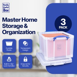 Really Useful Box 32 Liters Storage Bin Container with Snap Lid and Clip Lock Handles for Lidded Home and Office Storage Organization (3 Pack)