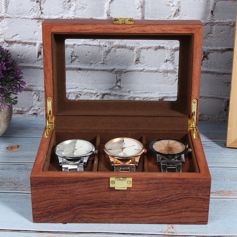 Wooden 3 Grid Watch Display Box Transparent Window Anti‑Slip Watch