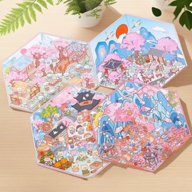 4 Sets Sakura Theme DIY 3D House Stickers - Cherry Blossom Miniature House Scenes Art Craft for Women Girls Teens, Spring Crafting Activity, Stress Relief Home Decor (Cute Cartoon Design)