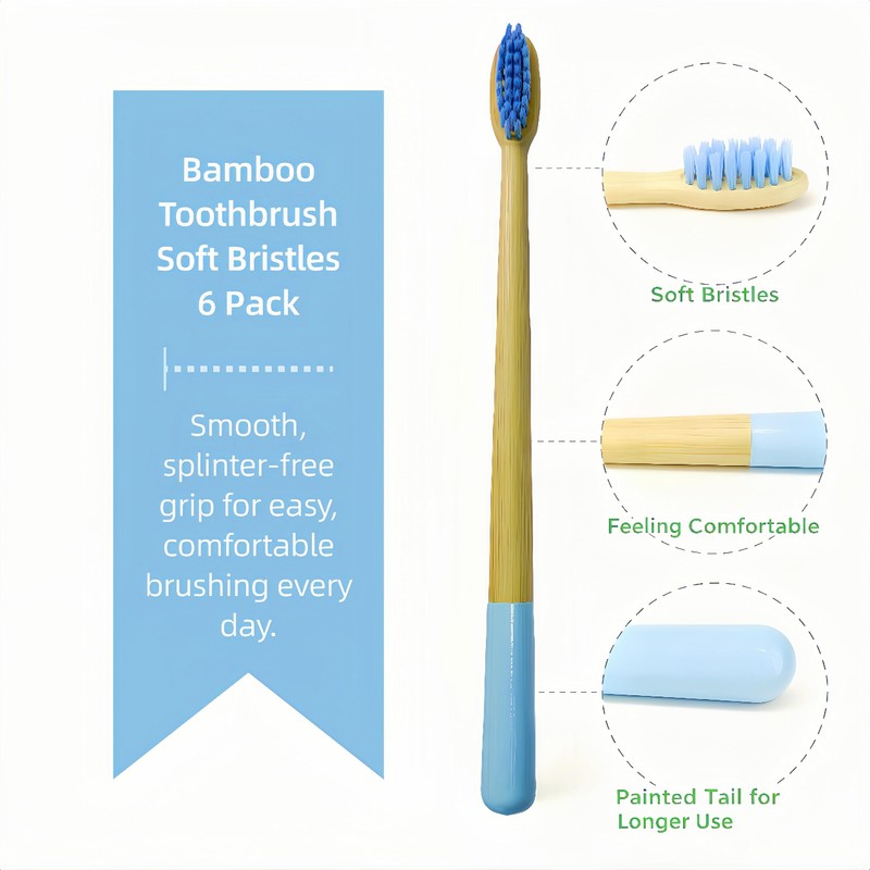 Gufiky Bamboo Toothbrushes Soft Bristles 6 Pack - Natural Wooden