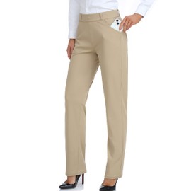 Oalka Women's Dress Pants Straight Leg Yoga Work Stretchy Pant for Office Business Khaki Brown Regular XL