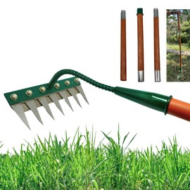 Upgrade The Iron Weeding 7 - Tooth Weeding rake with Wooden Handle – Heavy - Duty Garden Hand rake, Suitable for loosening Soil and Removing Weeds, Rust - Proof Gardening Tool (Green)