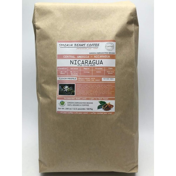 12.5 Pounds – Southern Central America – Nicaragua – Unroasted Arabica Green Coffee Beans – Grown In Region Jinotega – Altitude 1100-1350 Meters – Drying/Milling Process Is Washed
