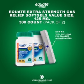 Unique Bundle Store Equate Simethicone 125 mg, 150 Count Softgels Value Size, Extra Strength Gas Relief + 7 Day Pill Organizer Included (Pack of 2)