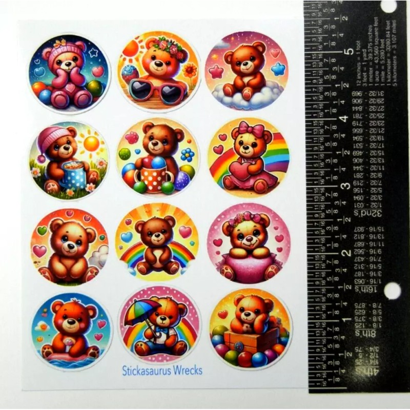 Stickasaurus Wrecks Colorful Teddy Bears Round Stickers Sheet