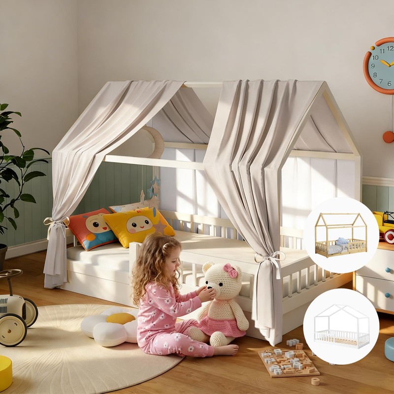KVALY Girls House Bed Canopy 2-Panel Soft Spring-Ale Fabric Daylight